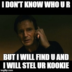 Liam Neeson Taken Meme | I DON'T KNOW WHO U R; BUT I WILL FIND U AND I WILL STEL UR KOOKIE | image tagged in memes,liam neeson taken | made w/ Imgflip meme maker