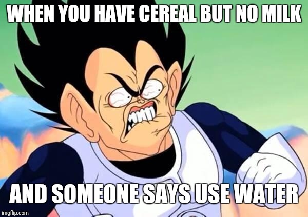 Vegeta is Pissed | WHEN YOU HAVE CEREAL BUT NO MILK; AND SOMEONE SAYS USE WATER | image tagged in vegeta is pissed | made w/ Imgflip meme maker