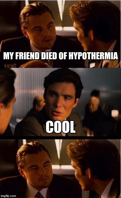 Inception | MY FRIEND DIED OF HYPOTHERMIA; COOL | image tagged in memes,inception | made w/ Imgflip meme maker