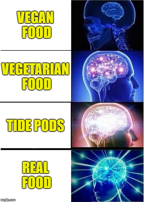 Expanding Brain Meme | VEGAN FOOD; VEGETARIAN FOOD; TIDE PODS; REAL FOOD | image tagged in memes,expanding brain | made w/ Imgflip meme maker