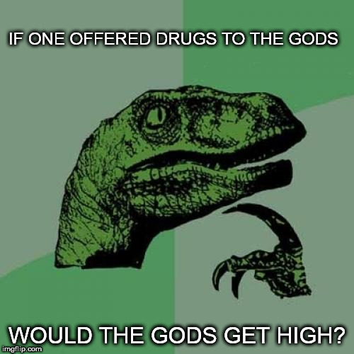 Philosoraptor | IF ONE OFFERED DRUGS TO THE GODS; WOULD THE GODS GET HIGH? | image tagged in memes,philosoraptor,god offerings | made w/ Imgflip meme maker