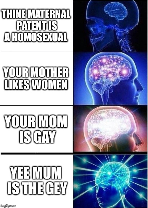 Expanding Brain Meme | THINE MATERNAL PATENT IS A HOMOSEXUAL; YOUR MOTHER LIKES WOMEN; YOUR MOM IS GAY; YEE MUM IS THE GEY | image tagged in memes,expanding brain | made w/ Imgflip meme maker