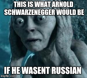 Scared Gollum | THIS IS WHAT ARNOLD SCHWARZENEGGER WOULD BE; IF HE WASENT RUSSIAN | image tagged in scared gollum | made w/ Imgflip meme maker