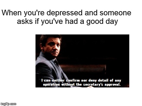 Avoiding the question... | When you're depressed and someone asks if you've had a good day | image tagged in blank white template,memes,mission impossible,depression,mood,jeremy | made w/ Imgflip meme maker