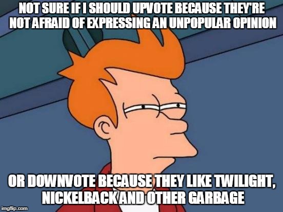 A dilemma | NOT SURE IF I SHOULD UPVOTE BECAUSE THEY'RE NOT AFRAID OF EXPRESSING AN UNPOPULAR OPINION; OR DOWNVOTE BECAUSE THEY LIKE TWILIGHT, NICKELBACK AND OTHER GARBAGE | image tagged in memes,futurama fry,funny,unpopular opinion,imgflip,upvotes | made w/ Imgflip meme maker
