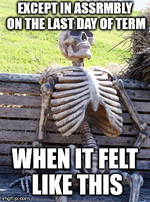 Waiting Skeleton Meme | EXCEPT IN ASSRMBLY ON THE LAST DAY OF TERM WHEN IT FELT LIKE THIS | image tagged in memes,waiting skeleton | made w/ Imgflip meme maker