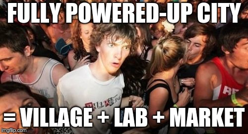 Sudden Clarity Clarence Meme | FULLY POWERED-UP CITY; = VILLAGE + LAB + MARKET | image tagged in memes,sudden clarity clarence | made w/ Imgflip meme maker
