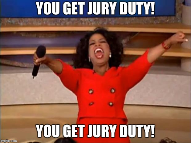 Oprah You Get A | YOU GET JURY DUTY! YOU GET JURY DUTY! | image tagged in memes,oprah you get a | made w/ Imgflip meme maker