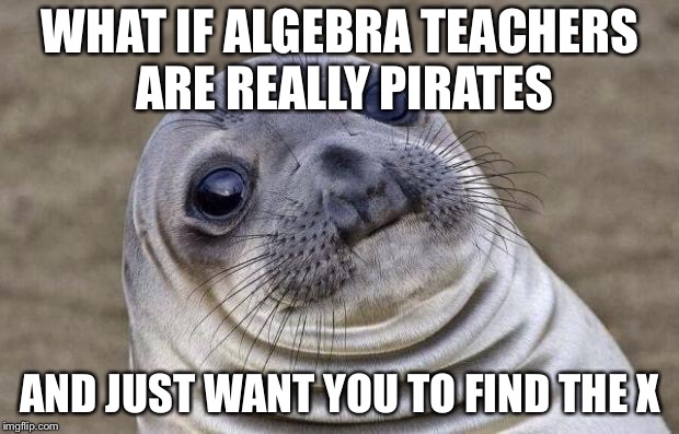 Awkward Moment Sealion | WHAT IF ALGEBRA TEACHERS ARE REALLY PIRATES; AND JUST WANT YOU TO FIND THE X | image tagged in memes,awkward moment sealion | made w/ Imgflip meme maker