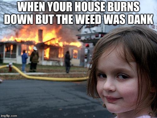 Disaster Girl Meme | WHEN YOUR HOUSE BURNS DOWN BUT THE WEED WAS DANK | image tagged in memes,disaster girl | made w/ Imgflip meme maker