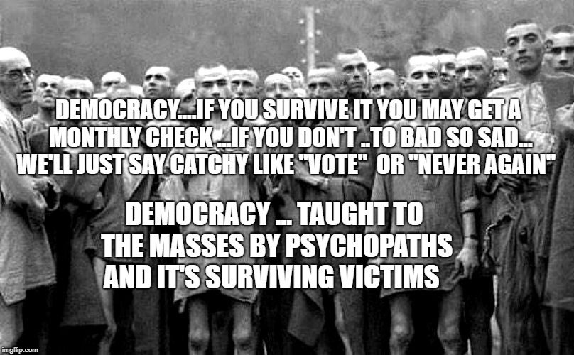 DEMOCRACY....IF YOU SURVIVE IT YOU MAY GET A MONTHLY CHECK ...IF YOU DON'T ..TO BAD SO SAD... WE'LL JUST SAY CATCHY LIKE "VOTE"  OR "NEVER AGAIN"; DEMOCRACY ... TAUGHT TO THE MASSES BY PSYCHOPATHS AND IT'S SURVIVING VICTIMS | image tagged in holocaust | made w/ Imgflip meme maker