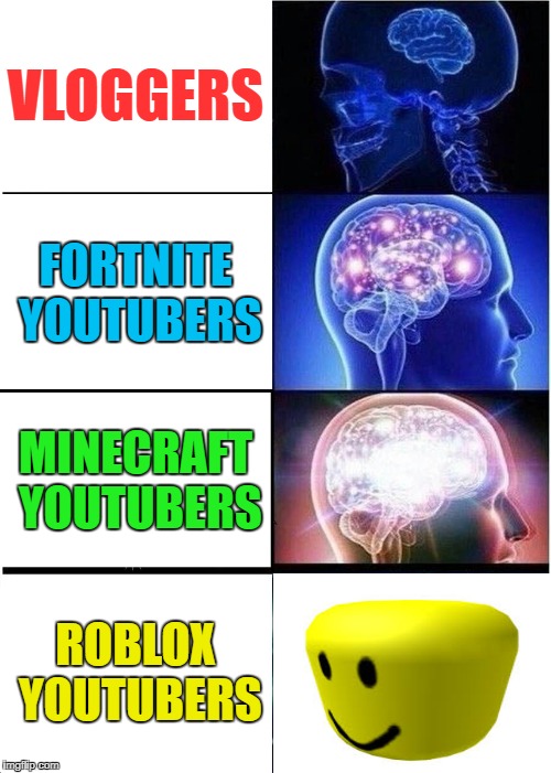 Types of youtubers | VLOGGERS; FORTNITE YOUTUBERS; MINECRAFT YOUTUBERS; ROBLOX YOUTUBERS | image tagged in memes,expanding brain | made w/ Imgflip meme maker