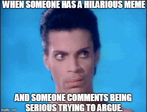 Prince eye roll | WHEN SOMEONE HAS A HILARIOUS MEME; AND SOMEONE COMMENTS BEING  SERIOUS TRYING TO ARGUE. | image tagged in prince eye roll | made w/ Imgflip meme maker