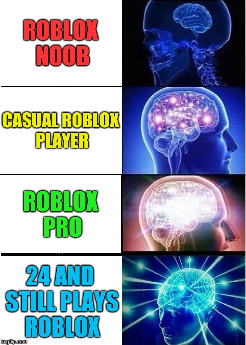 Expanding Brain Meme | ROBLOX NOOB; CASUAL ROBLOX PLAYER; ROBLOX PRO; 24 AND STILL PLAYS ROBLOX | image tagged in memes,expanding brain | made w/ Imgflip meme maker