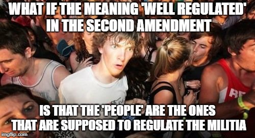 Sudden Clarity Clarence Meme | WHAT IF THE MEANING 'WELL REGULATED' IN THE SECOND AMENDMENT; IS THAT THE 'PEOPLE' ARE THE ONES THAT ARE SUPPOSED TO REGULATE THE MILITIA | image tagged in memes,sudden clarity clarence | made w/ Imgflip meme maker