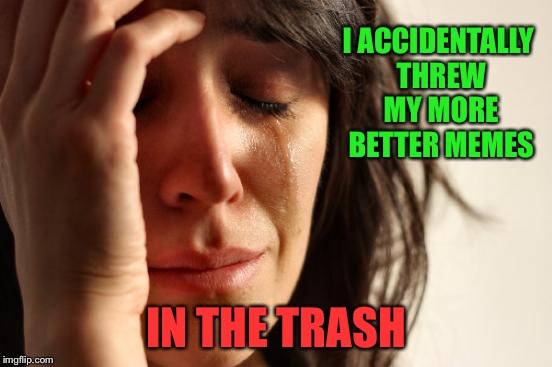 First World Problems Meme | I ACCIDENTALLY THREW MY MORE BETTER MEMES IN THE TRASH | image tagged in memes,first world problems | made w/ Imgflip meme maker