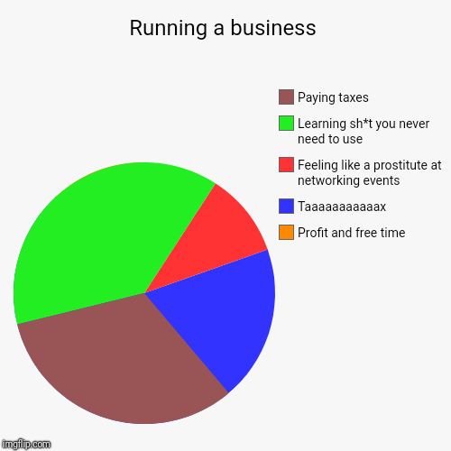 Running a business | Profit and free time, Taaaaaaaaaaax, Feeling like a prostitute at networking events, Learning sh*t you never need to us | image tagged in funny,pie charts | made w/ Imgflip chart maker
