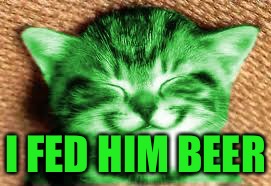 happy RayCat | I FED HIM BEER | image tagged in happy raycat | made w/ Imgflip meme maker