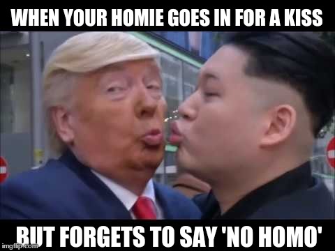 Do it Donald.  Make love not war! | WHEN YOUR HOMIE GOES IN FOR A KISS; BUT FORGETS TO SAY 'NO HOMO' | image tagged in donald trump,kim jong un,no homo,funny,memes | made w/ Imgflip meme maker