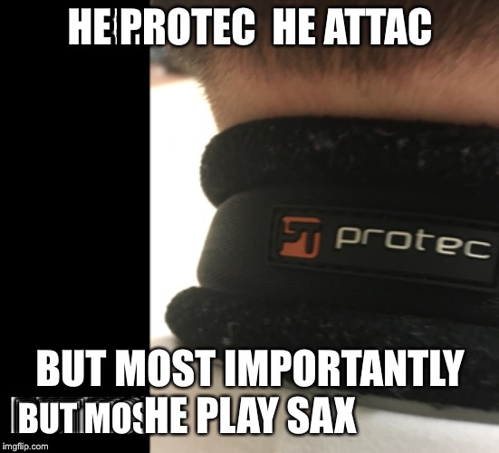 HE PROTEC 
HE ATTAC; BUT MOST IMPORTANTLY HE PLAY SAX | image tagged in he protec | made w/ Imgflip meme maker