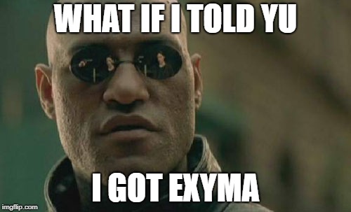 Matrix Morpheus Meme | WHAT IF I TOLD YU; I GOT EXYMA | image tagged in memes,matrix morpheus | made w/ Imgflip meme maker