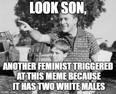 I am a white, christian, straight, and conservative male, just as much of a sinner as anybody else... | LOOK SON, ANOTHER FEMINIST TRIGGERED AT THIS MEME BECAUSE IT HAS TWO WHITE MALES | image tagged in memes,look son,liberal hypocrisy | made w/ Imgflip meme maker