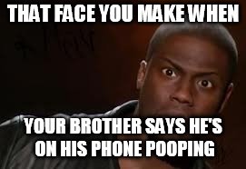 Kevin Hart Meme | THAT FACE YOU MAKE WHEN; YOUR BROTHER SAYS HE'S ON HIS PHONE POOPING | image tagged in memes,kevin hart the hell | made w/ Imgflip meme maker