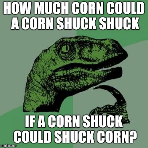 Philosoraptor | HOW MUCH CORN COULD A CORN SHUCK SHUCK; IF A CORN SHUCK COULD SHUCK CORN? | image tagged in memes,philosoraptor | made w/ Imgflip meme maker