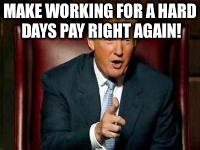 Donald Trump | MAKE WORKING FOR A HARD DAYS PAY RIGHT AGAIN! | image tagged in donald trump | made w/ Imgflip meme maker