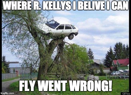 car in tree | WHERE R. KELLYS I BELIVE I CAN; FLY WENT WRONG! | image tagged in car in tree | made w/ Imgflip meme maker