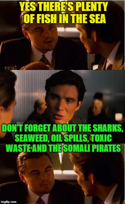 think about it? | YES THERE'S PLENTY OF FISH IN THE SEA; DON'T FORGET ABOUT THE SHARKS, SEAWEED, OIL SPILLS, TOXIC WASTE AND THE SOMALI PIRATES | image tagged in memes,inception | made w/ Imgflip meme maker