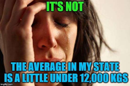 First World Problems Meme | IT'S NOT THE AVERAGE IN MY STATE IS A LITTLE UNDER 12,000 KGS | image tagged in memes,first world problems | made w/ Imgflip meme maker
