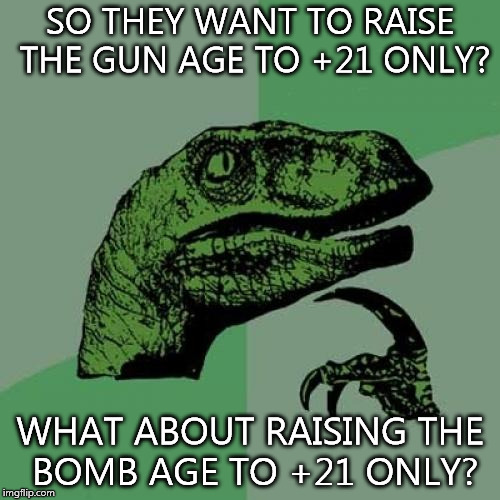 Philosoraptor Meme | SO THEY WANT TO RAISE THE GUN AGE TO +21 ONLY? WHAT ABOUT RAISING THE BOMB AGE TO +21 ONLY? | image tagged in memes,philosoraptor | made w/ Imgflip meme maker