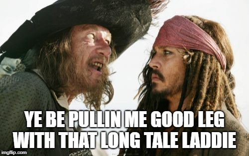 Barbosa And Sparrow Meme | YE BE PULLIN ME GOOD LEG WITH THAT LONG TALE LADDIE | image tagged in memes,barbosa and sparrow | made w/ Imgflip meme maker