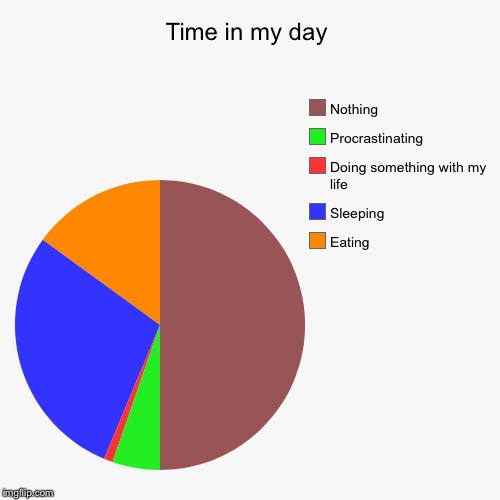Time in my day | Eating , Sleeping , Doing something with my life , Procrastinating , Nothing | image tagged in funny,pie charts | made w/ Imgflip chart maker