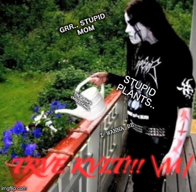 Black metal watering | GRR.. STUPID MOM; STUPID PLANTS.. THEY DON’T UNDERSTAND.. I WANNA BE; TRVE KVLT!!! \M/ | image tagged in black metal watering | made w/ Imgflip meme maker