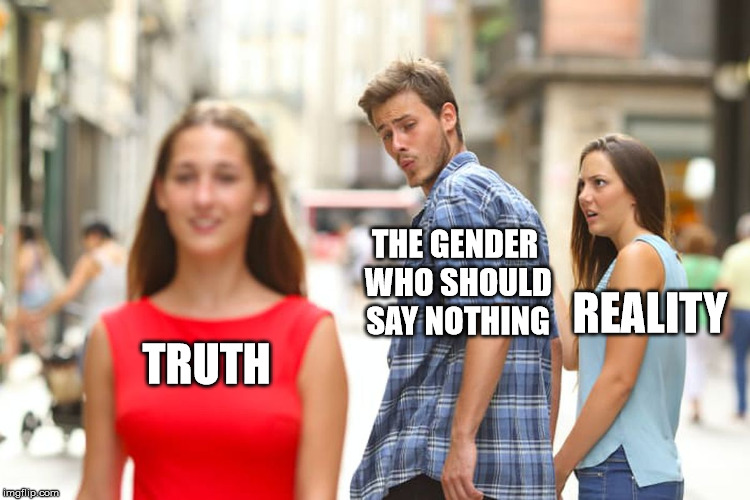 Distracted Boyfriend Meme | TRUTH THE GENDER WHO SHOULD SAY NOTHING REALITY | image tagged in memes,distracted boyfriend | made w/ Imgflip meme maker