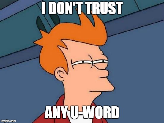 Futurama Fry | I DON'T TRUST; ANY U-WORD | image tagged in memes,futurama fry | made w/ Imgflip meme maker