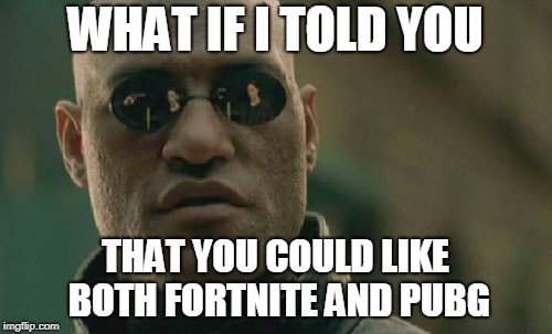 Matrix Morpheus | WHAT IF I TOLD YOU; THAT YOU COULD LIKE BOTH FORTNITE AND PUBG | image tagged in memes,matrix morpheus | made w/ Imgflip meme maker