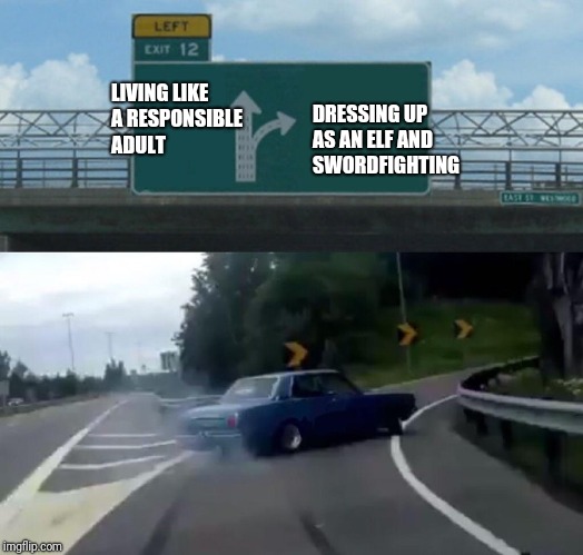 Left Exit 12 Off Ramp | DRESSING UP AS AN ELF AND SWORDFIGHTING; LIVING LIKE A RESPONSIBLE ADULT | image tagged in memes,left exit 12 off ramp | made w/ Imgflip meme maker