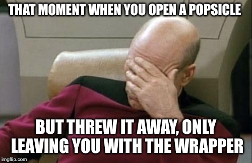 Captain Picard Facepalm | THAT MOMENT WHEN YOU OPEN A POPSICLE; BUT THREW IT AWAY, ONLY LEAVING YOU WITH THE WRAPPER | image tagged in memes,captain picard facepalm | made w/ Imgflip meme maker
