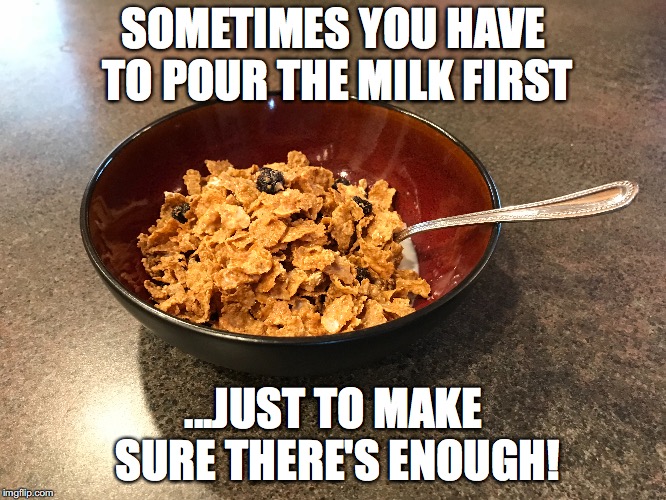 It's not such a dumb idea... | SOMETIMES YOU HAVE TO POUR THE MILK FIRST; ...JUST TO MAKE SURE THERE'S ENOUGH! | image tagged in priorities | made w/ Imgflip meme maker