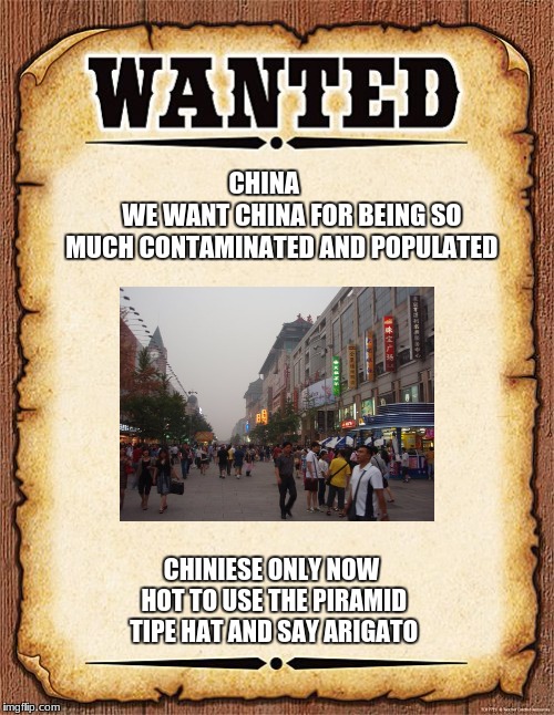 wanted poster | CHINA                 
WE WANT CHINA FOR BEING SO MUCH CONTAMINATED AND POPULATED; CHINIESE ONLY NOW HOT TO USE THE PIRAMID TIPE HAT AND SAY ARIGATO | image tagged in wanted poster | made w/ Imgflip meme maker
