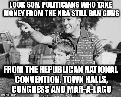 Because some gun-control is common sense | LOOK SON, POLITICIANS WHO TAKE MONEY FROM THE NRA STILL BAN GUNS; FROM THE REPUBLICAN NATIONAL CONVENTION, TOWN HALLS, CONGRESS AND MAR-A-LAGO | image tagged in memes,look son,nra,gun control,republicans | made w/ Imgflip meme maker