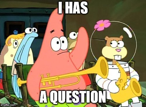 Patrick Raises Hand | I HAS; A QUESTION | image tagged in patrick raises hand | made w/ Imgflip meme maker