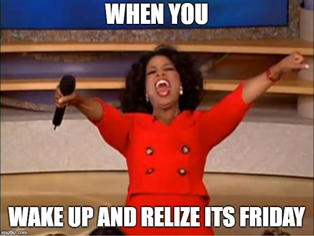 Oprah You Get A Meme | WHEN YOU; WAKE UP AND RELIZE ITS FRIDAY | image tagged in memes,oprah you get a | made w/ Imgflip meme maker