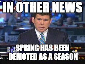 Fox news alert | IN OTHER NEWS; SPRING HAS BEEN DEMOTED AS A SEASON | image tagged in fox news alert | made w/ Imgflip meme maker