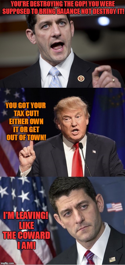 Leaving Before The Blue Wave Hits! | YOU'RE DESTROYING THE GOP! YOU WERE SUPPOSED TO BRING BALANCE NOT DESTROY IT! YOU GOT YOUR TAX CUT! EITHER OWN IT OR GET OUT OF TOWN! I'M LEAVING! LIKE THE COWARD I AM! | image tagged in unhappy paul ryan,donald trump,republicans | made w/ Imgflip meme maker
