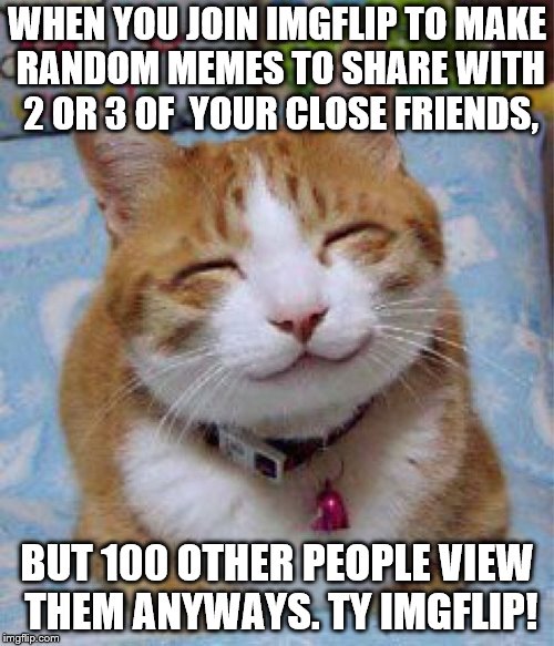 So Happy Cat | WHEN YOU JOIN IMGFLIP TO MAKE RANDOM MEMES TO SHARE WITH 2 OR 3 OF  YOUR CLOSE FRIENDS, BUT 100 OTHER PEOPLE VIEW THEM ANYWAYS. TY IMGFLIP! | image tagged in so happy cat | made w/ Imgflip meme maker