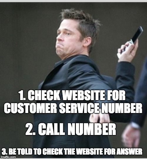 Brad Pitt throwing phone | 1. CHECK WEBSITE FOR CUSTOMER SERVICE NUMBER; 2. CALL NUMBER; 3. BE TOLD TO CHECK THE WEBSITE FOR ANSWER | image tagged in brad pitt throwing phone | made w/ Imgflip meme maker